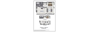 A floor plan for a one bedroom apartment with a bathroom and living room.