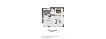 A floor plan of a one bedroom apartment with a bathroom.