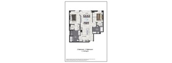 A floor plan of a 2 bedroom 2 bathroom apartment.
