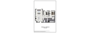 A floor plan of a 2 bedroom, 2 bathroom apartment.