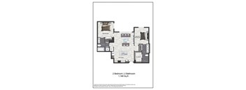 A floor plan of a 2 bedroom, 2 bathroom apartment.