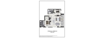 A floor plan of a 2 bedroom, 2 bathroom apartment.