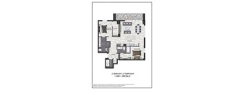 A floor plan of a 2 bedroom, 2 bathroom apartment.