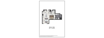 A floor plan of a studio apartment with a bath and living area.