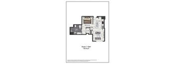 A floor plan of a studio apartment with a bath and kitchen.