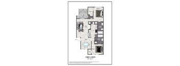 A floor plan of a 2 bedroom, 2 bathroom apartment sized 1067 square feet.
