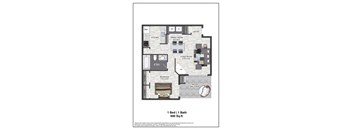 A floor plan of a one bedroom apartment with a bath.