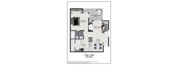 A floor plan of a one bedroom, one bathroom apartment.