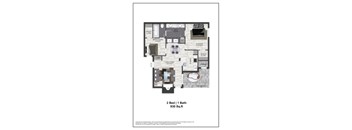 A floor plan of a 2 Bed 1 Bath apartment sized at 830 square feet.