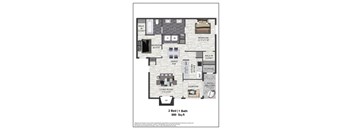 A floor plan of a 2 bedroom, 1 bathroom apartment sized 890 square feet.