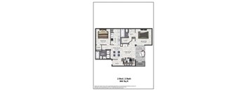 A floor plan of a 2 bedroom, 2 bathroom apartment sized 900 square feet.