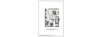 A floor plan of a one bedroom apartment with a kitchen and bathroom.
