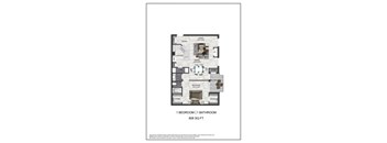 A floor plan of a small apartment with a bedroom, bathroom, kitchen, and store.