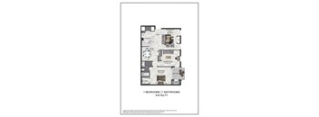 A floor plan of a one bedroom apartment with 1 bathroom and 918 square feet.
