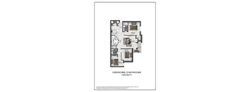 A floor plan of a 3 bedroom, 2 bathroom apartment sized 1340 square feet.