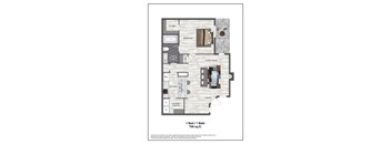 A floor plan of a one bedroom, one bath apartment.