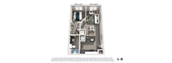 A floor plan of a small apartment with a kitchen, living room, and bathroom.