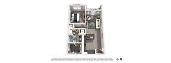 A floor plan of a small apartment with a kitchen, living room, and bathroom.