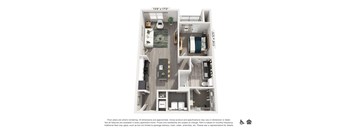 A floor plan of a small apartment with a kitchen, living room, and bathroom.