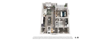 A floor plan of a two-bedroom apartment with a living room, kitchen, and bathroom.