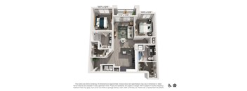 A floor plan of a two-bedroom apartment with a living room, kitchen, and bathroom.