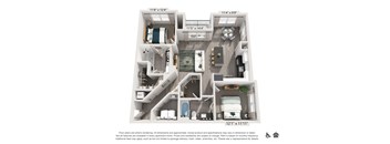 A floor plan of a two-bedroom apartment with a living room, kitchen, and bathroom.