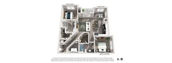 A floor plan of a small apartment with a kitchen, living room, and bathroom.