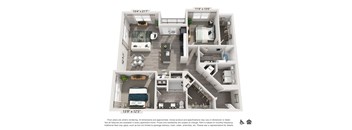 A floor plan of a two-bedroom apartment with a living room, kitchen, and bathroom.