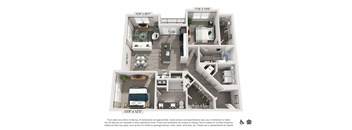 A floor plan of a two-bedroom apartment with a living room, kitchen, and bathroom.
