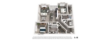 A floor plan of a two-bedroom apartment with a living room, kitchen, and bathroom.