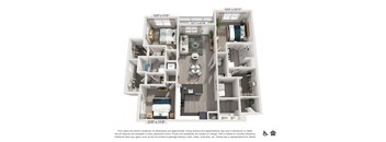 A 3D floor plan of a small apartment with a kitchen, living room, and bathroom.