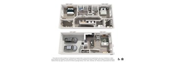 A floor plan of a two-bedroom apartment with a garage for one car.