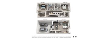 A floor plan of a two-bedroom apartment with a living room, kitchen, and bathroom.