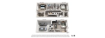 A floor plan of a two-story apartment with dimensions and car parking.
