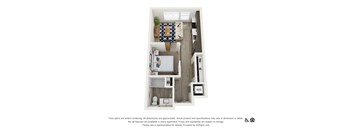 A 3D floor plan of a small apartment with a kitchen, living room, and bathroom.