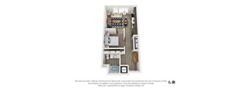 A 3D floor plan of a small apartment with a kitchen, living room, and bathroom.