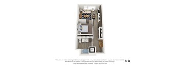 A 3D floor plan of a small apartment with a kitchen, living room, and bathroom.