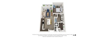 A 3D floor plan of a small apartment with a kitchen, living room, and bedroom.