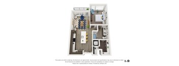 A 3D floor plan of a small apartment with a kitchen, living room, and bathroom.