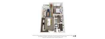 A 3D floor plan of a small apartment with a kitchen, living room, and bathroom.