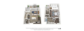 A floor plan of an apartment with two bedrooms, a living room, a kitchen, and a bathroom.
