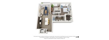 A 3D floor plan of a small apartment with a kitchen, living room, and bedroom.