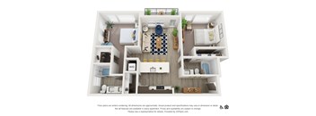 A 3D floor plan of a small apartment with a kitchen, living room, bedroom, and bathroom.