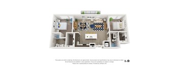 A 3D floor plan of a small apartment with a kitchen, living room, and bedroom.