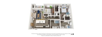 A 3D floor plan of a small apartment with a kitchen, living room, bedroom, and bathroom.