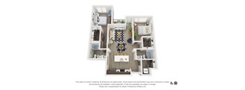 A 3D floor plan of a small apartment with a kitchen, living room, and bathroom.