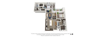 A 3D floor plan of an apartment with a living room, kitchen, and bedrooms.