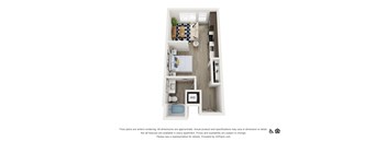 A 3D floor plan of a small apartment with a kitchen, living room, and bathroom.