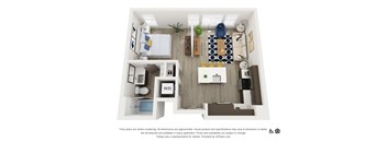A 3D floor plan of a small apartment with a kitchen, living room, and bathroom.