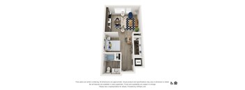 A 3D floor plan of a small apartment with a kitchen, living room, and bathroom.